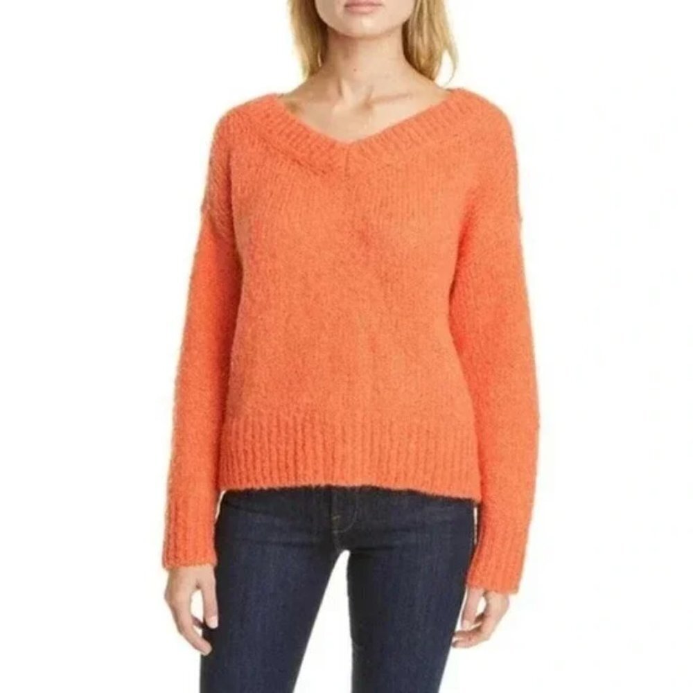 CLUB MONACO Teenie Sweater Chunky Knit V-Neck in Vibrant Orange Size Medium